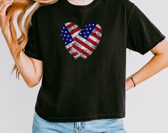 Personalized USA Fingerprint Heart Comfort Colors Shirt, Custom Couple Tee, American Flag Heart Shirt, Patriotic Love Gift, Independence Day