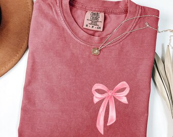 Comfort Colors® Pink Coquette Shirt, Pink Bow Shirts, Minimalist Cute Ribbon Tee, Girly Girl Aesthetic Gift for Her