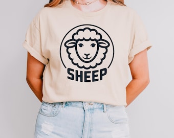 Cute Sheep Print 'Sheep' Text Cotton T-Shirt, Funny Animal Design Casual Tee, Oversize Comfortable Basic Sheep Graphic Shirt
