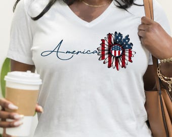 America Patriotic V Neck Shirt, USA Flag Flower Tee, Fourth of July Shirt, American Pride Shirt, Women's Patriotic Summer Top