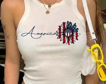America Patriotic Baby Tee, USA Flag Flower Tank Top, Fourth of July Crop Top, American Pride Shirt, Women's Patriotic Summer Top