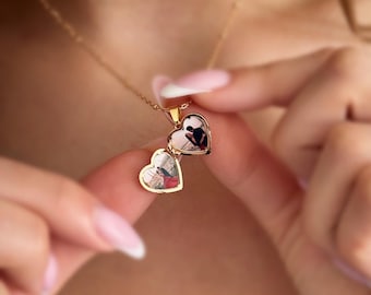 Colar com pingente de coração personalizado com diamantes, banhado a ouro 18K • Pingente gravado com duas fotos • Presente de recordação para ela/mãe