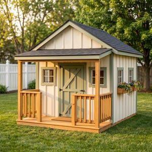 Può includere: Una casetta da gioco in legno con rivestimento verticale color crema, tetto a scandole grigio scuro e porta verde salvia con rinforzo diagonale. La struttura include un portico con ringhiere in legno naturale, due finestre e due fioriere.