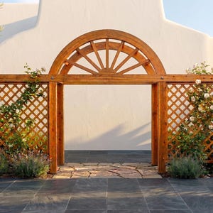 May include: A brown wooden garden arbour featuring a central arched top with a sunburst design and two side panels with a diamond lattice pattern. The structure is framed by vertical posts and horizontal beams, providing a decorative entryway.