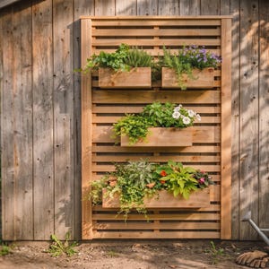 Peut inclure: Un treillis de jardin vertical en bois doté de trois jardinières rectangulaires fixées aux lattes. Les jardinières contiennent divers feuillages verts, de petites fleurs violettes, des fleurs blanches et des fleurs orange en cascade.