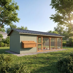 May include: A large rectangular chicken coop with light green vertical siding, a dark metal roof, and a wooden nesting box attached to the side. The structure features a screened-in enclosure with a wooden frame and several chickens inside.