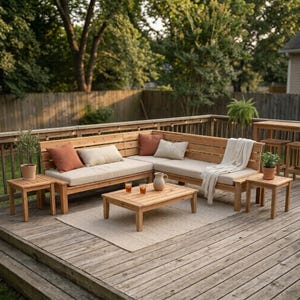 May include: An L-shaped wooden outdoor sectional sofa with light beige cushions, two terracotta-colored throw pillows, and one cream-colored throw pillow. The set includes a low rectangular coffee table and two matching square side tables.