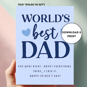 La meilleure carte pour papa au monde • PDF amusante pour la fête des pères • Carte imprimable pliable • Téléchargement instantané • Carte Vous aviez raison pour papa