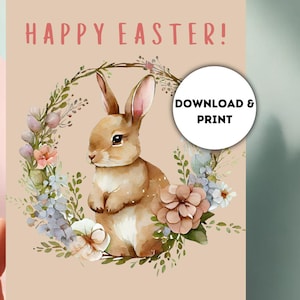 Cartão de coelhinho da Páscoa para imprimir, Cartão de Páscoa em aquarela, Cartão de Páscoa digital, Cartão de feliz Páscoa, Cartão de felicitações de coelhinho fofo, Download instantâneo