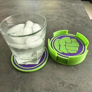 Hulk- Inspired Coaster Set | 3D Printed Superhero Drink Coasters with Holder