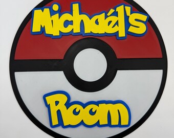 Letrero personalizado con nombre de Pokébola – Letrero personalizado para puerta infantil – Decoración de habitación estilo gamer – Letrero de pared con nombre personalizado – Decoración de dormitorio infantil