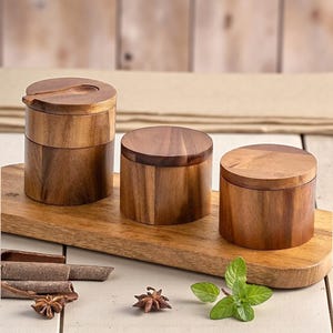 Rustic Wood Salt Cellar with Spoon: Farmhouse Spice Organizer