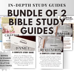 May include: A bundle of two Bible study guides with the text "IN-DEPTH STUDY GUIDES" and "BUNDLE OF 2 BIBLE STUDY GUIDES". The guides cover Daniel and Revelation, with the text "A COMPLETE STUDY GUIDE" on each. Includes "BONUS DISCUSSION QUESTIONS + CHAPTER REFLECTIONS".