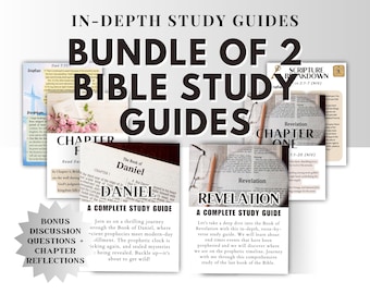 May include: A bundle of two Bible study guides with the text "IN-DEPTH STUDY GUIDES" and "BUNDLE OF 2 BIBLE STUDY GUIDES". The guides cover Daniel and Revelation, with the text "A COMPLETE STUDY GUIDE" on each. Includes "BONUS DISCUSSION QUESTIONS + CHAPTER REFLECTIONS".