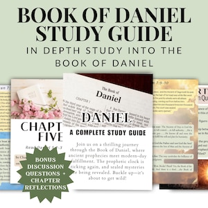 May include: A study guide for the Book of Daniel with a pink floral background. The guide includes a complete study guide, bonus discussion questions, and chapter reflections. The text on the guide reads "A Complete Study Guide" and "Join us on a thrilling journey through the Book of Daniel, where ancient prophecies meet modern-day fulfillment. The prophetic clock is ticking again, and sealed mysteries are being revealed. Buckle up - it's about to get wild!"