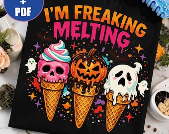 Rozpływam się w powietrzu PNG, Lody Summerween PDF, Straszna letnia koszulka, Zabawna grafika na Halloween, Uroczy duch czaszki SVG, Rozpływający się rożek dyniowy
