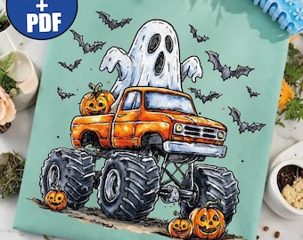 Monster Truck Halloween PNG, Straszny Duch PDF, Dyniowa Ciężarówka dla Chłopców, Upiorny Sezon dla Maluchów, Retro Samochód Halloween, Przerażający Nietoperz Sublimacja,