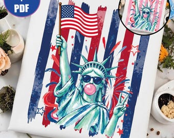 Estatua de la Libertad de moda PNG, Estatua del 4 de julio PDF, Día de la Independencia, Estatua de la Libertad genial, Gráfico patriótico retro, Bandera de rayas de chicle