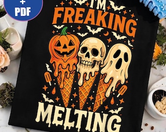 Rozpływam się w ustach PNG, Lody Summerween PDF, Dyniowy rożek w stylu retro, Czaszka w stylu vintage z duchem SVG, Zabawna, straszna letnia koszulka, Przytulny Halloween