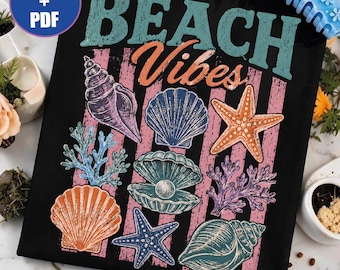 Beach Vibes PNG, Plaża 4 lipca PDF, Retro Letnie Muszle, Patriotyczna Koszulka Oceaniczna, Nadmorska Sztuka Wakacyjna, Gadżety z Rozgwiazdami