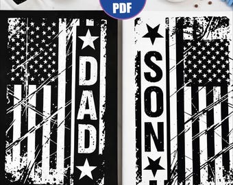 Flaga USA dla taty i syna w formacie PNG, pasujące pliki PDF dla rodziny, patriotyczna koszulka dla ojca, zniszczona pionowa flaga, męska koszulka z okazji 4 lipca, zestaw retro z okazji niepodległości