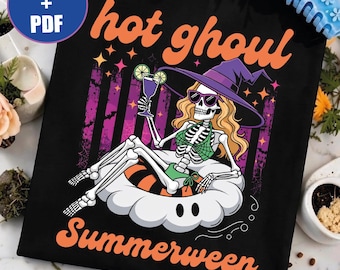 Hot Ghoul Summerween PNG, Spooky Summer PDF, Retro Halloweenowa koszula plażowa, Uroczy szkielet czarownicy SVG, Sublimacja Ghost Floatie, Bikini Ghoul