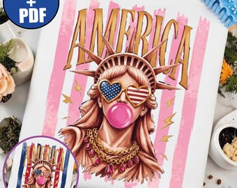4 lipca PNG, Różowa Ameryka PDF, Statua Wolności Boujee SVG, Grafika retro Bubblegum Liberty, Jasnoróżowa koszulka z okazji Dnia Niepodległości