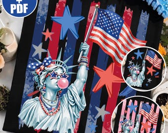 Statua Wolności PNG, 4 lipca, cyfrowe pobranie, patriotyczny wzór sublimacji, czerwono-biało-niebieski plik PDF, słodka koszulka z flagą USA w kolorze gumy balonowej