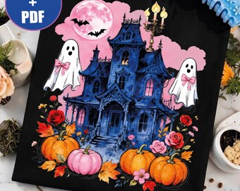 Różowy Summerween PNG, Duch Kokietki PDF, Koszulka z Nawiedzonym Domem, Pastelowa Grafika Halloween, Uroczy Upiorny Sezon SVG, Gotycka Różana Dynia