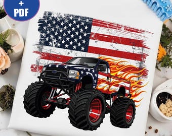 Patriotyczna ciężarówka PNG, Monster Truck PDF, Zniszczona flaga USA, Męska koszula z okazji 4 lipca, Redneck Lifted Pickup, Sztuka wyścigowa Fire Flames