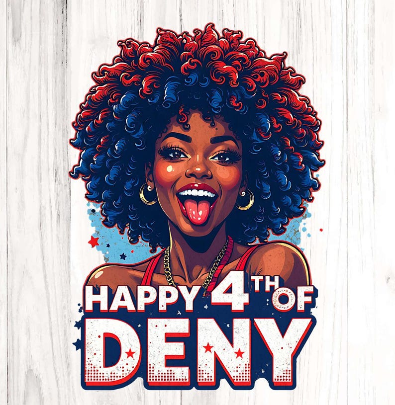Puede incluir: Una ilustraci&oacute;n vibrante de una mujer con cabello rizado rojo y azul, aretes de aro dorados y una blusa roja. El texto "HAPPY 4TH OF DENY" se muestra en una fuente patri&oacute;tica, con acentos rojos, blancos y azules, celebrando el D&iacute;a de la Independencia.