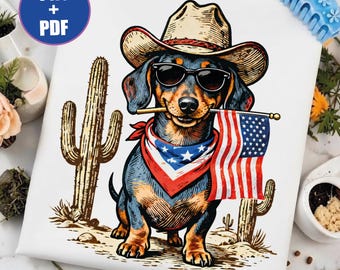 Patriotyczny jamnik PNG, kowboj z 4 lipca PDF, koszulka z okazji Dnia Wienera, pies z western country, koszulka z okazji Dnia Niepodległości, kaktus z flagą vintage