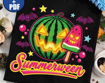 Letni arbuz PNG, Upiorny letni PDF, Neonowa koszulka na Halloween, Arbuzowy Jack O Lantern SVG, Upiorny sublimacyjny lizak