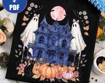 Uroczy duch PNG, Whimsigoth Halloween PDF, Czarny kot z kokardą, Pastelowy gotycki nawiedzony dom, Cottagecore Spooky Season SVG, Różowa dynia księżycowa