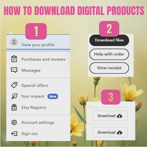 Puede incluir: Una gu&iacute;a titulada "HOW TO DOWNLOAD DIGITAL PRODUCTS" con pasos numerados. El paso 1 muestra "View your profile", el paso 2 dice "Download files" y el paso 3 tiene botones "Download". El fondo es amarillo suave con flores.