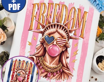 Wolność 4 lipca PNG, Różowa Ameryka PDF, Statua Wolności Boujee SVG, Grafika Liberty w stylu retro Bubblegum, Jasnoróżowa koszulka z okazji Dnia Niepodległości