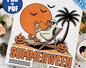 Letnie klimaty PNG, Straszne lato PDF, Retro kaczka Halloween, Uroczy szkielet czarownicy w towarzyszu SVG, Dynia na tropikalnej plaży, Pływająca dynia