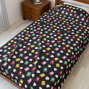 Colorful Book Coffee Pattern Velveteen Plush Blanket, Cozy Throw for Cat Lovers, Kids Room Decor, Gift for Animal Lovers, Birthday Present