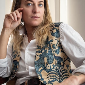 Handwoven Silk Tapestry Vest | Handprinted Silk Waistcoat | Vintage Boho Style Vest | Sleeveless Outerwear | Open Front Artisanal Vest