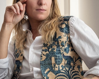 Handwoven Silk Tapestry Vest | Indigo Handprint, Boho Outerwear