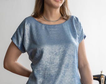 Handcrafted Sandwashed Silk Blouse: Swarovski Crystals, Collarless Boat Neck