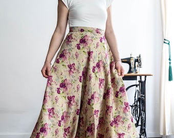 Jupe fleurie fabriquée à la main : jupe longueur cheville en mélange de soie et de coton