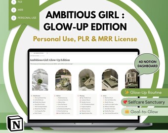 Glow-Up Notion Planner: Self-Care, Goals, Routines - PLR/MRR License (Digital Download)