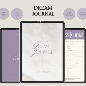 May include: Three digital journals with black borders. The center journal displays "DREAM JOURNAL" in elegant script, with "NIGHT NOTES" above. The other journals show "Self Love", "Self Care", "Habit Tracker", and "Body Tracker" labels.