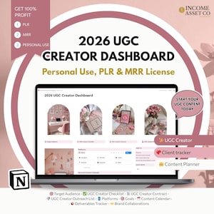 Puede incluir: Una computadora portátil muestra el "2026 UGC Creator Dashboard" con un diseño rosa y blanco. La pantalla muestra un panel con varias secciones, incluido un rastreador de clientes y un planificador de contenido. El texto incluye "Personal Use, PLR & MRR License".