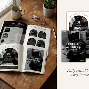 Può includere: Un quaderno aperto con il testo "HEADING HERE" e "COURSE WORKBOOK FOR CREATOR" su un tavolo di legno. Il quaderno ha immagini e testo in bianco e nero. Una tazza, occhiali, una penna e una pianta sono anche sul tavolo.