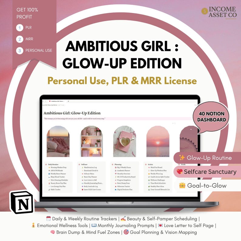 Glow-Up Notion Planner: Self-Care, Goals, Routines - PLR/MRR License (Digital Download bild 1