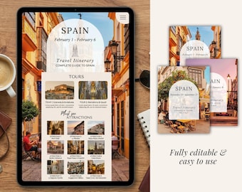 Spain Travel Itinerary Planner Printable | Editable Trip Planner | Vacation Organizer, Daily Plans, Packing List