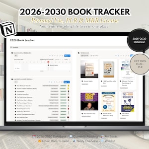 May include: A laptop displays a digital book tracker interface. The screen shows a database for 2026-2030, with sections for currently reading, latest books, and a wish list. The interface includes book covers and the text "2026-2030 BOOK TRACKER".