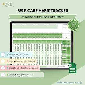 May include: A digital self-care habit tracker on a tablet, designed for mental health and self-love. It features sections for daily, weekly, and monthly habits. The design is simple and adaptable for all lifestyles, with an XLS file icon.